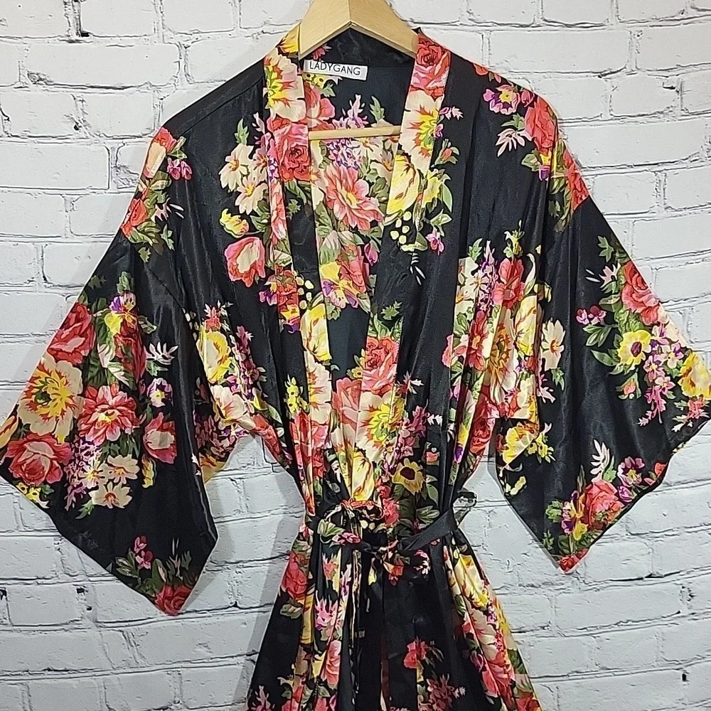 Vintage Ladygang Floral Kimono Silky Polyester Robe Black Tie Sz S Glam Mob Wife